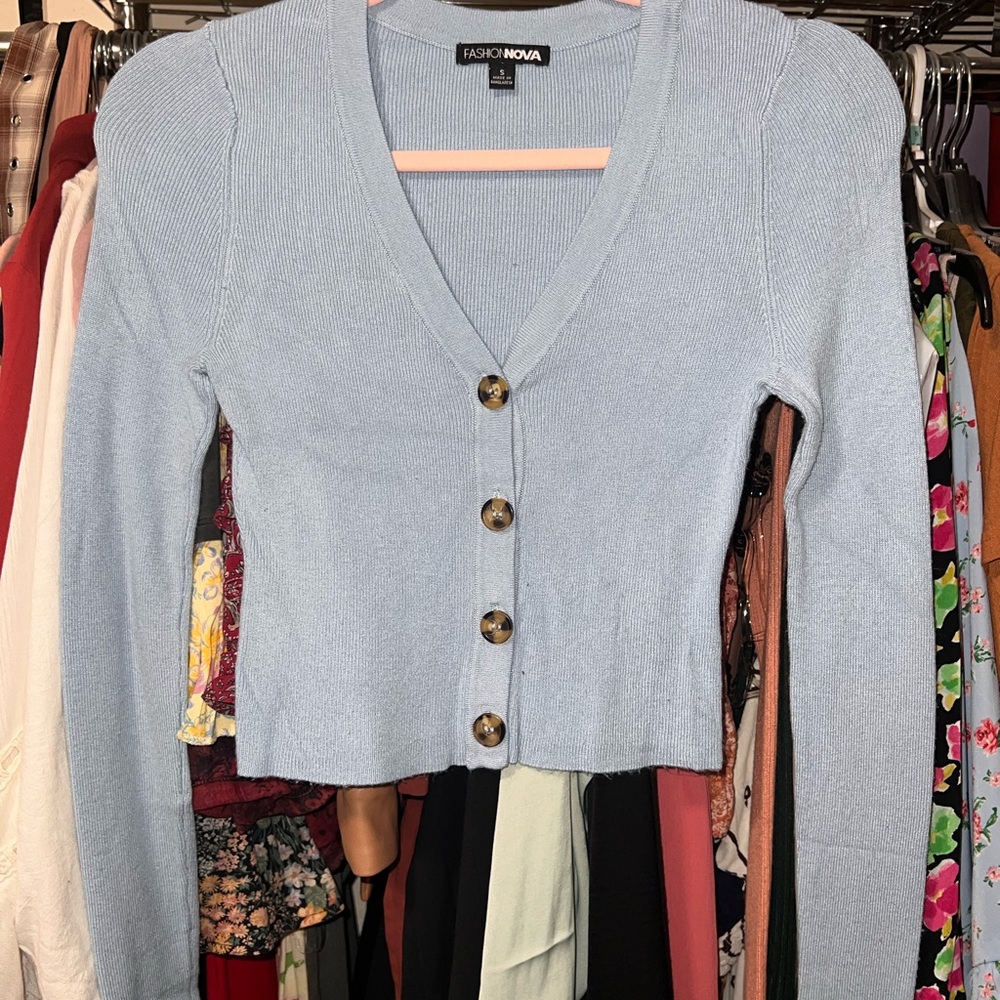 Fashion Nova Sky Blue Buttoned Cropped Cardigan